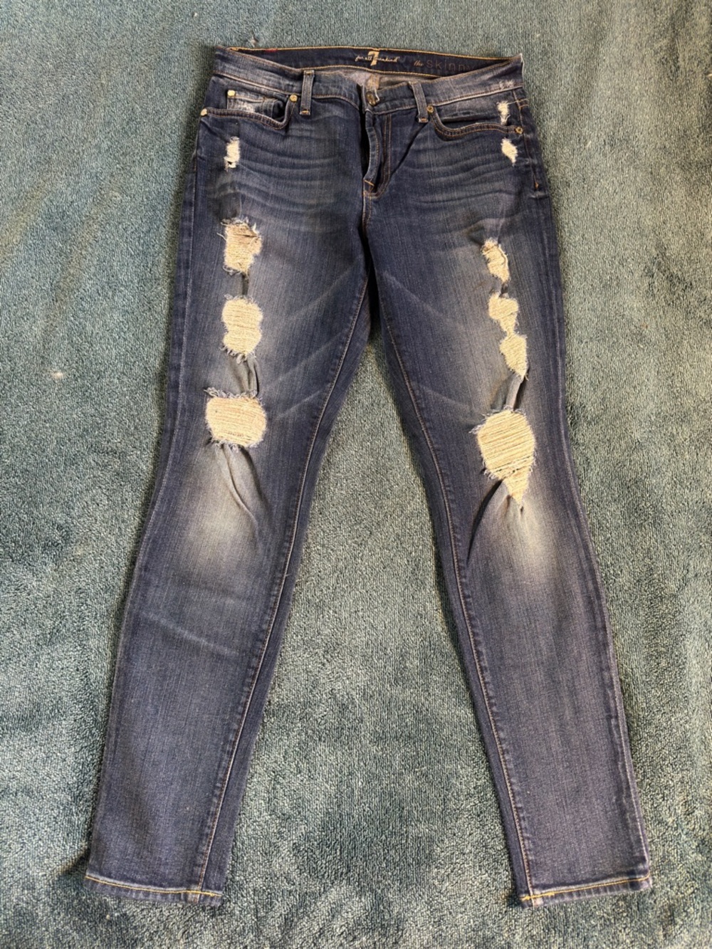 7 For All Mankind Dark Blue Distressed Skinny Jeans